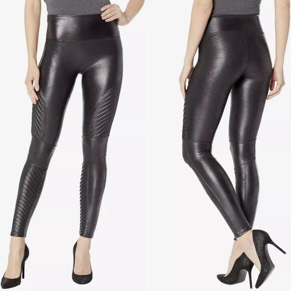 SPANX Womens Faux Leather Motto Leggings Size Small Black Compression Edgy Biker